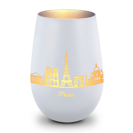 SEO. Deko Windlicht aus Glas mit Gravur - Skyline Paris - Weiß - Silber Linkreich