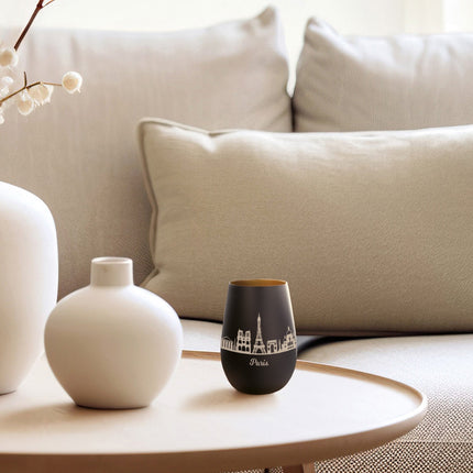 SEO. Deko Windlicht aus Glas mit Gravur - Skyline Paris - Schwarz - Gold Linkreich