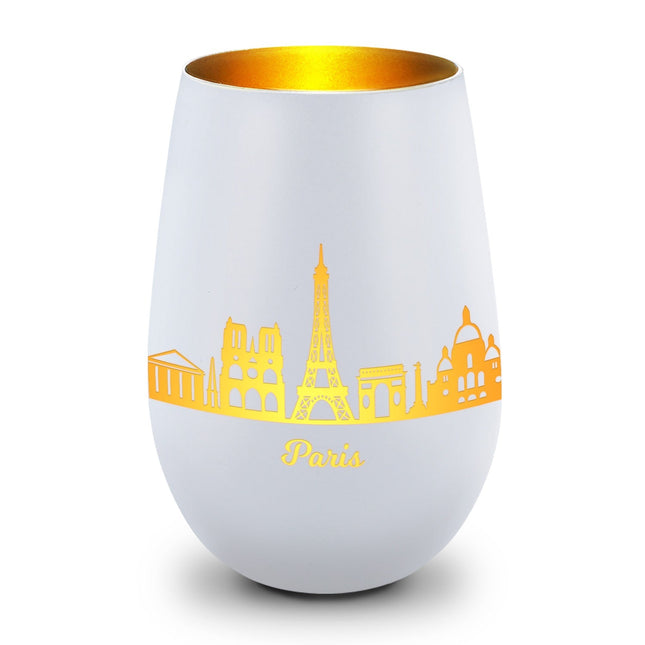 SEO. Deko Windlicht aus Glas mit Gravur - Skyline Paris - Weiß - Gold Linkreich
