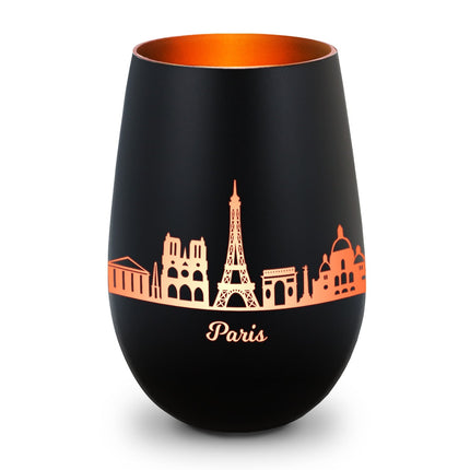 SEO. Deko Windlicht aus Glas mit Gravur - Skyline Paris - Schwarz - Bronze Linkreich