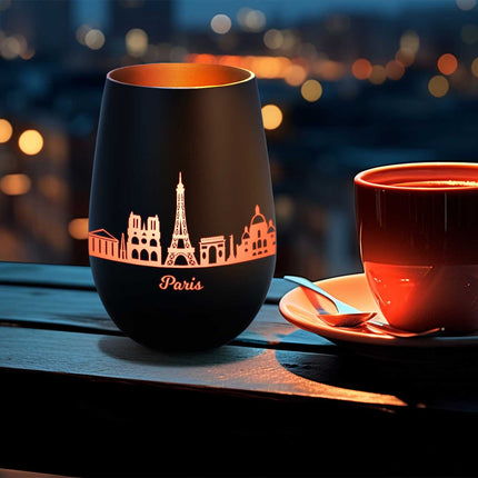 SEO. Deko Windlicht aus Glas mit Gravur - Skyline Paris - Schwarz - Gold Linkreich