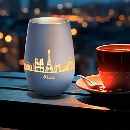 SEO. Deko Windlicht aus Glas mit Gravur - Skyline Paris - Weiß - Silber Linkreich