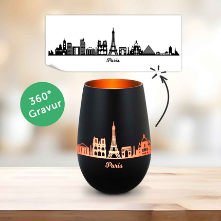 SEO. Deko Windlicht aus Glas mit Gravur - Skyline Paris - Schwarz - Bronze Linkreich