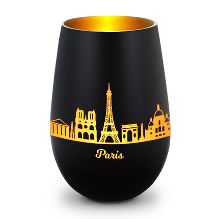 SEO. Deko Windlicht aus Glas mit Gravur - Skyline Paris - Schwarz - Gold Linkreich