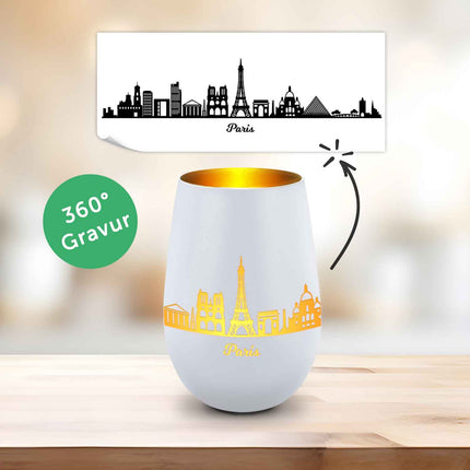 SEO. Deko Windlicht aus Glas mit Gravur - Skyline Paris - Weiß - Gold Linkreich