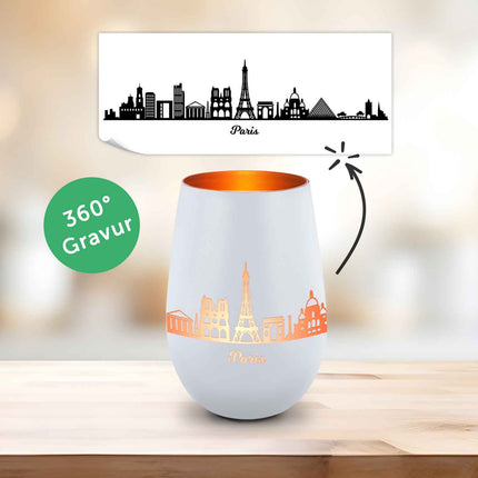 SEO. Deko Windlicht aus Glas mit Gravur - Skyline Paris - Weiß - Bronze Linkreich