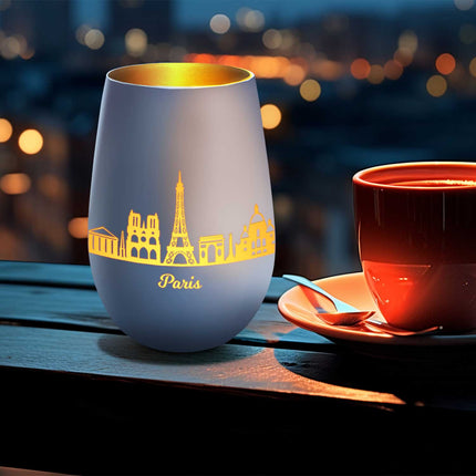 SEO. Deko Windlicht aus Glas mit Gravur - Skyline Paris - Weiß - Gold Linkreich