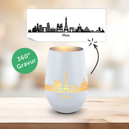 SEO. Deko Windlicht aus Glas mit Gravur - Skyline Paris - Weiß - Silber Linkreich