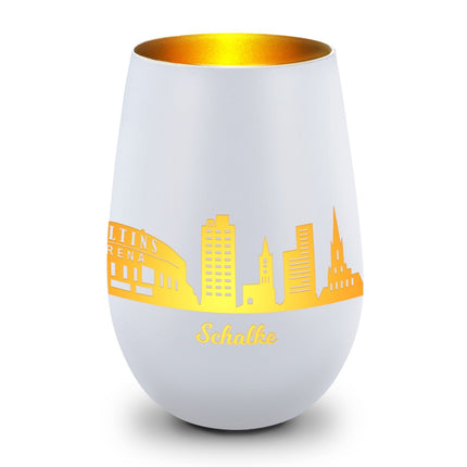 SEO. Deko Windlicht aus Glas mit Gravur - Skyline Schalke - Weiß - Gold Linkreich