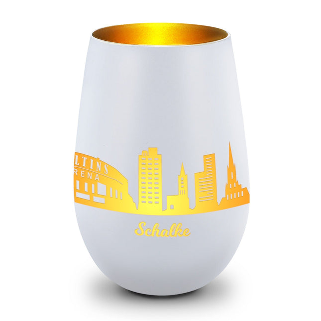 SEO. Deko Windlicht aus Glas mit Gravur - Skyline Schalke - Weiß - Gold Linkreich