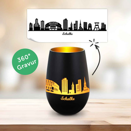 SEO. Deko Windlicht aus Glas mit Gravur - Skyline Schalke - Schwarz - Gold Linkreich