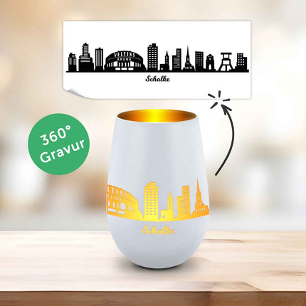 SEO. Deko Windlicht aus Glas mit Gravur - Skyline Schalke - Weiß - Gold Linkreich