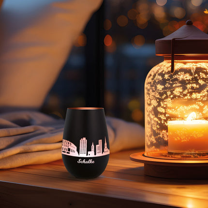 SEO. Deko Windlicht aus Glas mit Gravur - Skyline Schalke - Schwarz - Gold Linkreich