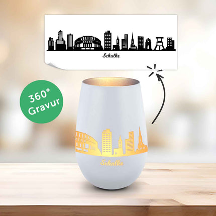 SEO. Deko Windlicht aus Glas mit Gravur - Skyline Schalke - Weiß - Silber Linkreich