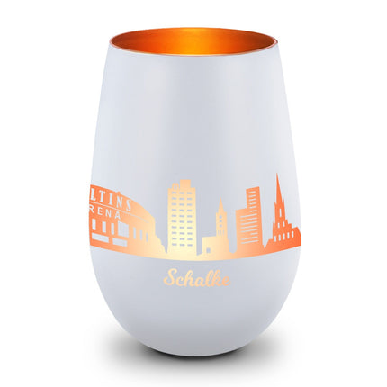 SEO. Deko Windlicht aus Glas mit Gravur - Skyline Schalke - Weiß - Bronze Linkreich