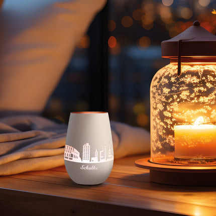 SEO. Deko Windlicht aus Glas mit Gravur - Skyline Schalke - Weiß - Bronze Linkreich
