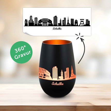 SEO. Deko Windlicht aus Glas mit Gravur - Skyline Schalke - Schwarz - Bronze Linkreich