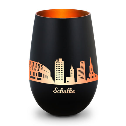SEO. Deko Windlicht aus Glas mit Gravur - Skyline Schalke - Schwarz - Bronze Linkreich