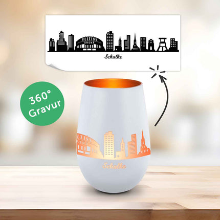 SEO. Deko Windlicht aus Glas mit Gravur - Skyline Schalke - Weiß - Bronze Linkreich