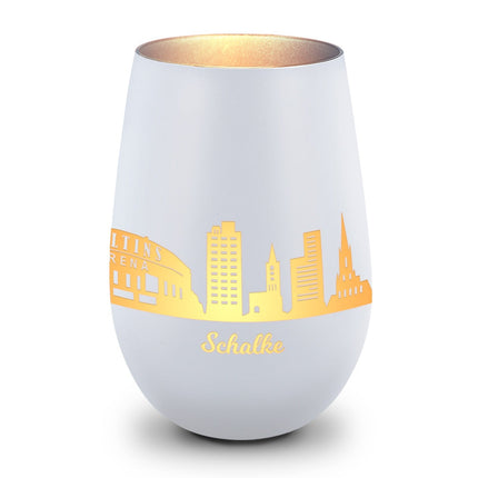 SEO. Deko Windlicht aus Glas mit Gravur - Skyline Schalke - Weiß - Silber Linkreich