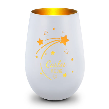 SEO. Deko Windlicht aus Glas mit Gravur - Sternschnuppe - Personalisiert mit Namen & Datum - Weiß - Gold Linkreich