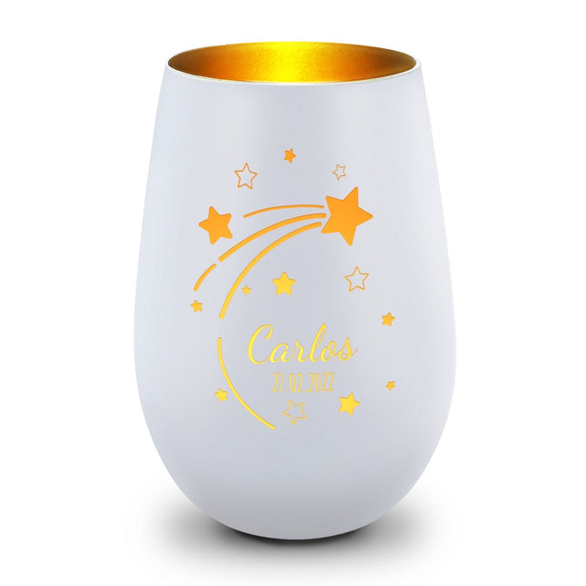 SEO. Deko Windlicht aus Glas mit Gravur - Sternschnuppe - Personalisiert mit Namen & Datum - Weiß - Gold Linkreich
