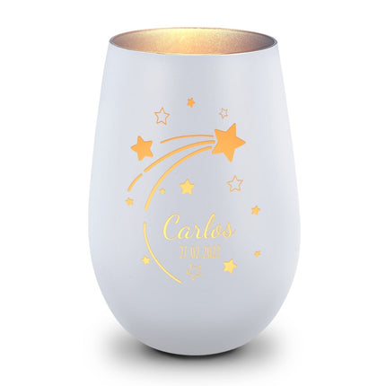 SEO. Deko Windlicht aus Glas mit Gravur - Sternschnuppe - Personalisiert mit Namen & Datum - Weiß - Silber Linkreich