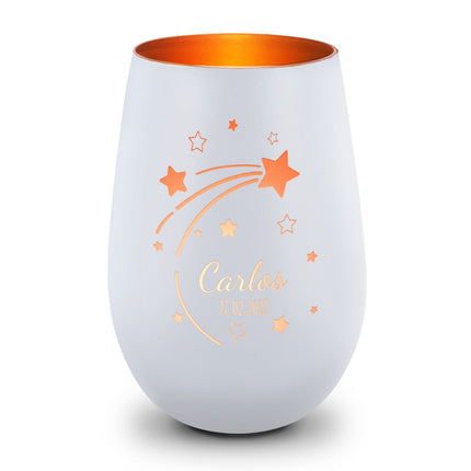 SEO. Deko Windlicht aus Glas mit Gravur - Sternschnuppe - Personalisiert mit Namen & Datum - Weiß - Bronze Linkreich