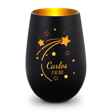 SEO. Deko Windlicht aus Glas mit Gravur - Sternschnuppe - Personalisiert mit Namen & Datum - Schwarz - Gold Linkreich