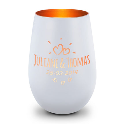 SEO. Deko Windlicht aus Glas mit Gravur - Sunshine - Personalisiert mit Namen & Datum - Weiß - Bronze Linkreich