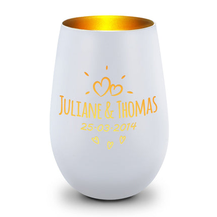 SEO. Deko Windlicht aus Glas mit Gravur - Sunshine - Personalisiert mit Namen & Datum - Weiß - Gold Linkreich