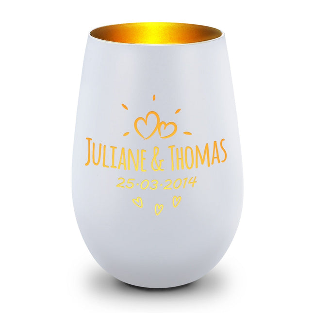 SEO. Deko Windlicht aus Glas mit Gravur - Sunshine - Personalisiert mit Namen & Datum - Weiß - Gold Linkreich