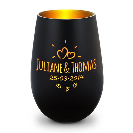 SEO. Deko Windlicht aus Glas mit Gravur - Sunshine - Personalisiert mit Namen & Datum - Schwarz - Gold Linkreich