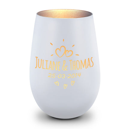 SEO. Deko Windlicht aus Glas mit Gravur - Sunshine - Personalisiert mit Namen & Datum - Weiß - Silber Linkreich