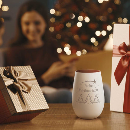 SEO. Deko Windlicht aus Glas mit Gravur - Tannenbaum - Frohe Weihnachten - Weiß - Bronze Linkreich