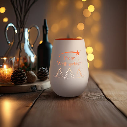 SEO. Deko Windlicht aus Glas mit Gravur - Tannenbaum - Frohe Weihnachten - Weiß - Bronze Linkreich