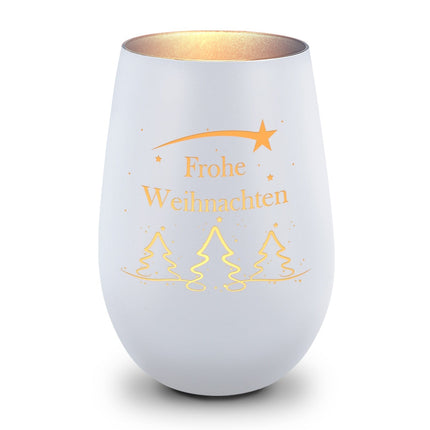 SEO. Deko Windlicht aus Glas mit Gravur - Tannenbaum - Frohe Weihnachten - Weiß - Gold Linkreich