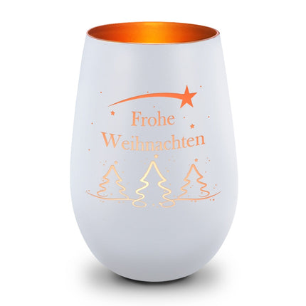 SEO. Deko Windlicht aus Glas mit Gravur - Tannenbaum - Frohe Weihnachten - Weiß - Bronze Linkreich
