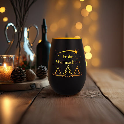 SEO. Deko Windlicht aus Glas mit Gravur - Tannenbaum - Frohe Weihnachten - Weiß - Gold Linkreich