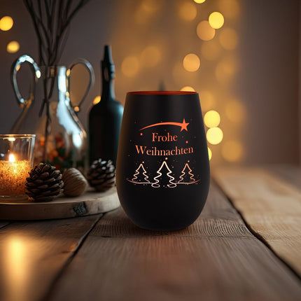 SEO. Deko Windlicht aus Glas mit Gravur - Tannenbaum - Frohe Weihnachten - Schwarz - Gold Linkreich