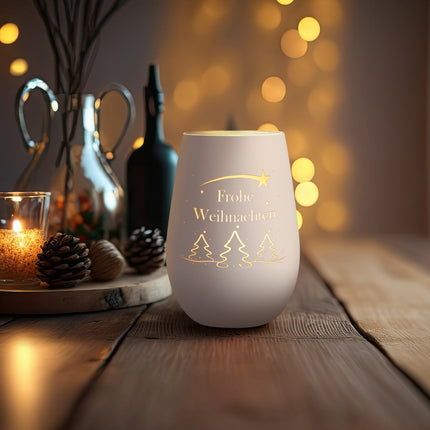 SEO. Deko Windlicht aus Glas mit Gravur - Tannenbaum - Frohe Weihnachten - Weiß - Silber Linkreich