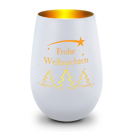 SEO. Deko Windlicht aus Glas mit Gravur - Tannenbaum - Frohe Weihnachten - Weiß - Gold Linkreich