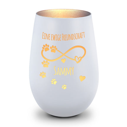 SEO. Deko Windlicht aus Glas mit Gravur - Unendlich - Personalisiert mit Namen & Datum - Weiß - Silber Linkreich
