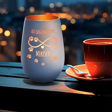 SEO. Deko Windlicht aus Glas mit Gravur - Unendlich - Personalisiert mit Namen & Datum - Weiß - Bronze Linkreich