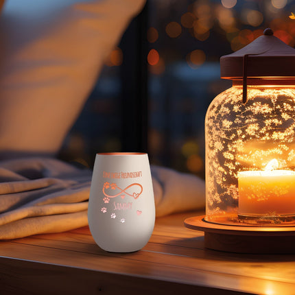 SEO. Deko Windlicht aus Glas mit Gravur - Unendlich - Personalisiert mit Namen & Datum - Weiß - Bronze Linkreich