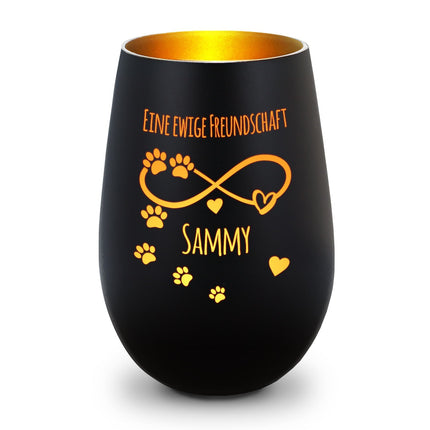 SEO. Deko Windlicht aus Glas mit Gravur - Unendlich - Personalisiert mit Namen & Datum - Schwarz - Gold Linkreich