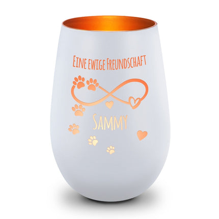 SEO. Deko Windlicht aus Glas mit Gravur - Unendlich - Personalisiert mit Namen & Datum - Weiß - Bronze Linkreich