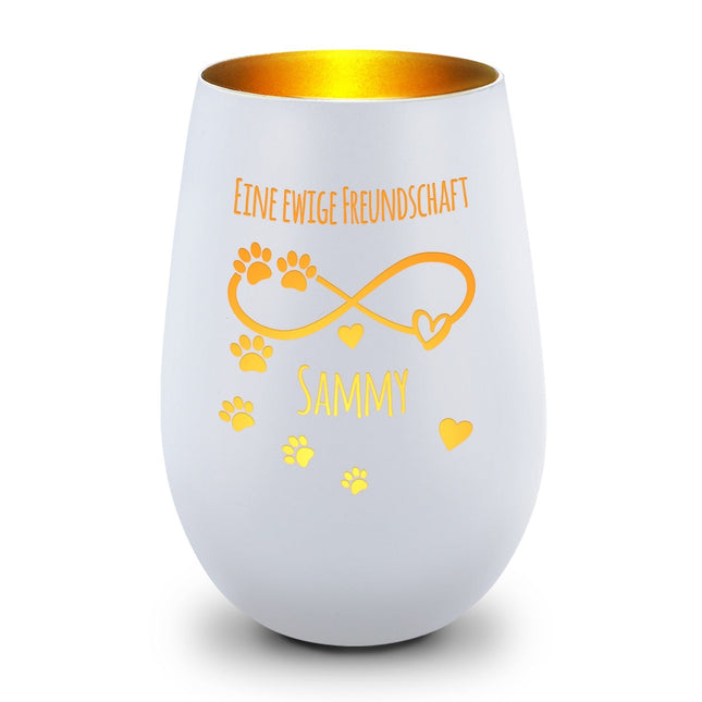 SEO. Deko Windlicht aus Glas mit Gravur - Unendlich - Personalisiert mit Namen & Datum - Weiß - Gold Linkreich