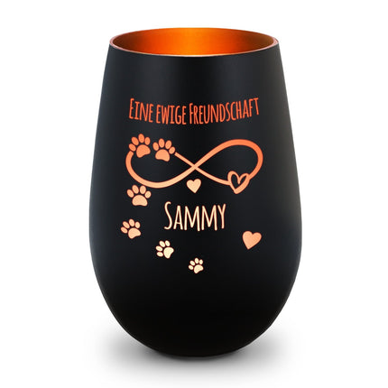 SEO. Deko Windlicht aus Glas mit Gravur - Unendlich - Personalisiert mit Namen & Datum - Schwarz - Bronze Linkreich