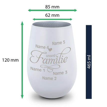 SEO. Deko Windlicht aus Glas mit Gravur - Unsere Familie - Personalisiert mit bis zu fünf Namen - Weiß - Silber Linkreich
